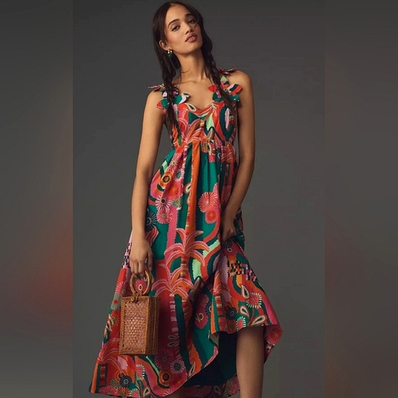 NWT FARM RIOx ANTHROPOLOGIE Pleated palm Midi dress Sz S